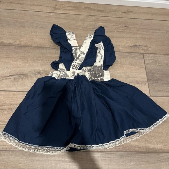 American Belles Navy Blue Ruffle Sleeve Lace Trim Tapestry Dress Size 12 month - Picture 2 of 5